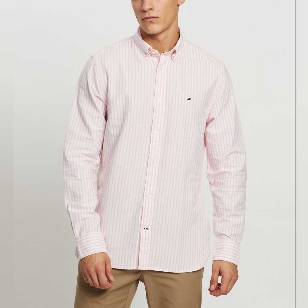 Tommy Hilfiger Men's Pink Striped Academy Poplin Casual Button Down Shirt Med
